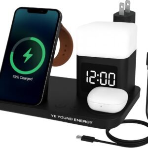 6-in-1 Wireless Charging Station for iPhone 15/14/13/12/11/X/8, Samsung Galaxy S23–S8, Pixel, Apple Watch Series 2–9/SE/Ultra, AirPods Pro – Fast Qi Charger Dock with Alarm Clock & Night Lamp