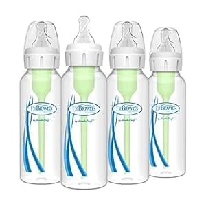 Dr. Brown’s Natural Flow Anti-Colic Options+ Narrow Baby Bottle, 8 oz/250 mL, with Level 1 Slow Flow Nipples, 0m+, 4 Pack