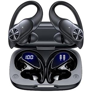 PocBuds Bluetooth Headphones Wireless Earbuds 80hrs Playtime Wireless Charging Case Digital Display Sports Ear Buds with Earhook Deep Bass IPX7 Waterproof Over-Ear Earphones for TV Phone Laptop Black